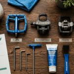 Trois pedales velo avec outils et checklist