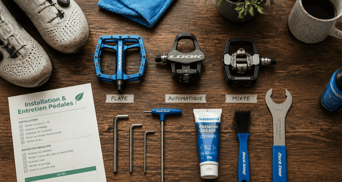 Trois pedales velo avec outils et checklist