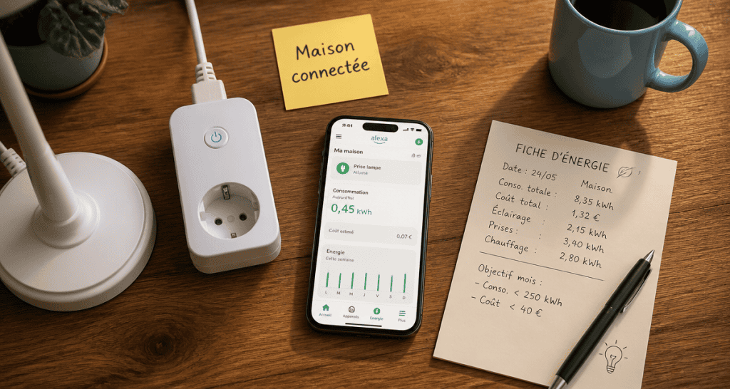 prise alexa sur bureau avec lampe et smartphone