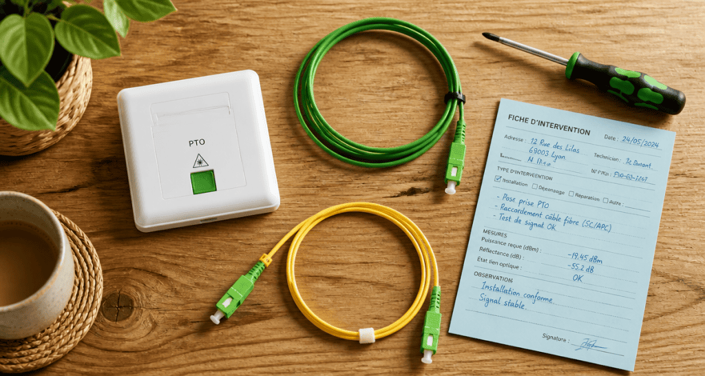 prise fibre optique PTO et connecteurs sur bureau