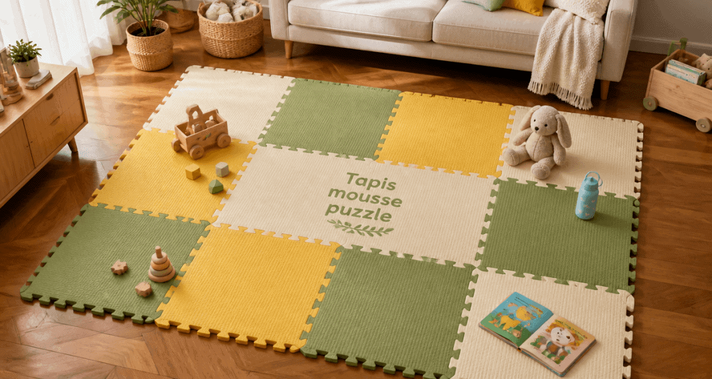 Puzzle tapis mousse dans salon lumineux pour enfant