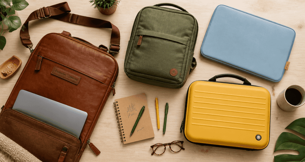 sacoche ordinateur 15 pouces sur bureau avec accessoires