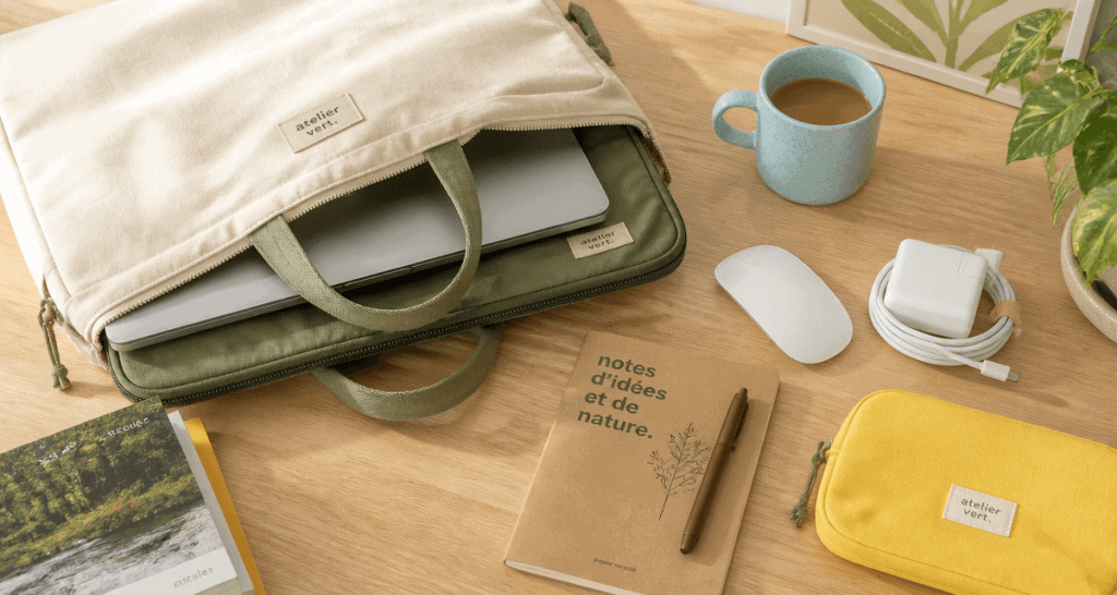 Sacoche pour ordinateur crème avec accessoires sur bureau