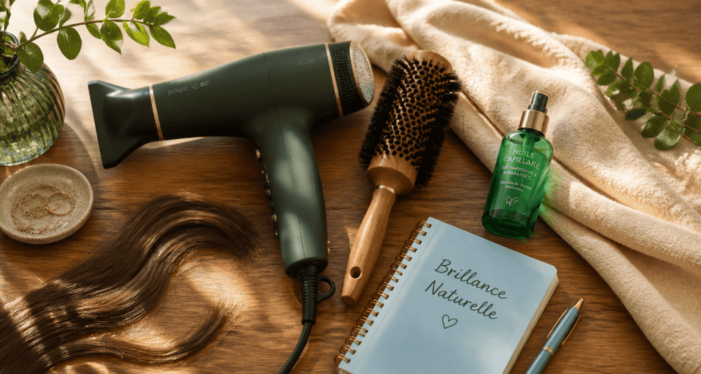 seche cheveux ionique avec brosse et huile sur table