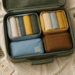 valise moyenne ouverte avec vêtements et accessoires de voyage