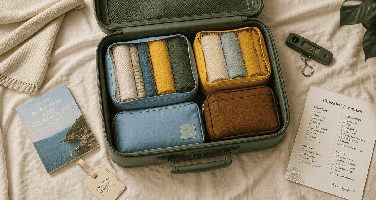 valise moyenne ouverte avec vêtements et accessoires de voyage