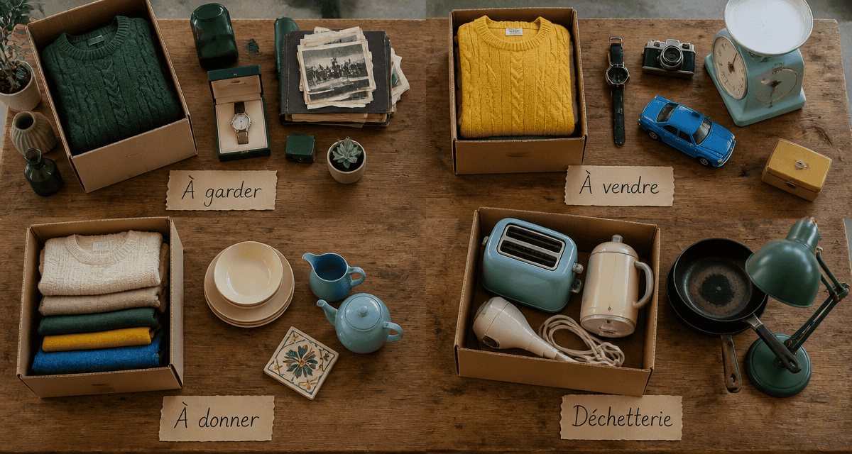 Vidage maison table tri objets et cartons