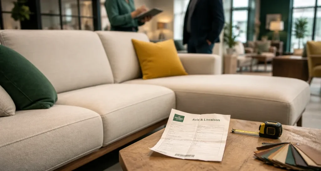 Avis sur mobilier de france : canapé et bois en showroom