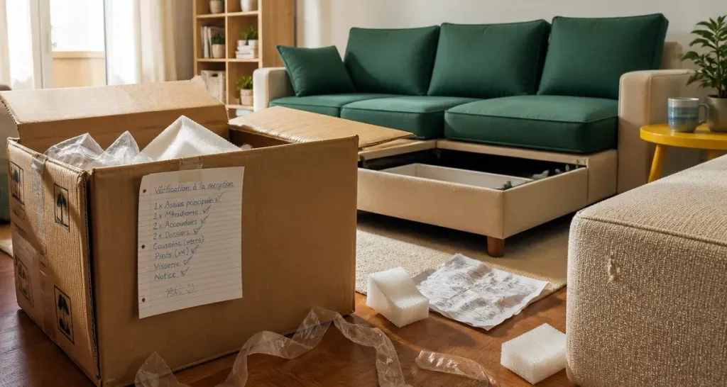 Best mobilier avis : carton de livraison ouvert, réception SAV et canapé avec trace.