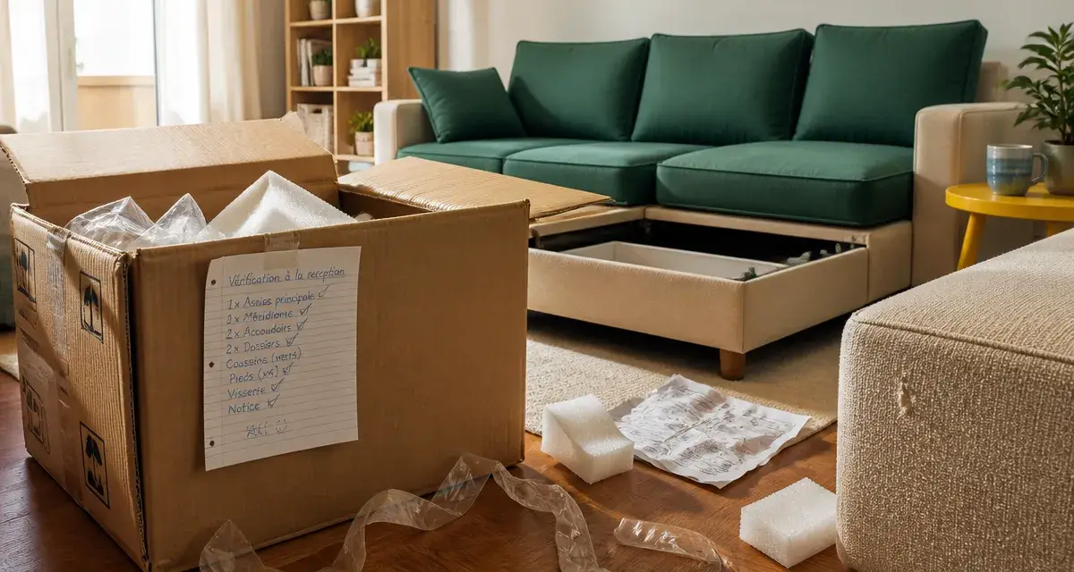Best mobilier avis : carton de livraison ouvert, réception SAV et canapé avec trace.