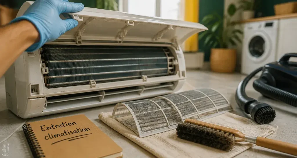 Climatiseur nettoyage : main gantée, filtre retiré, air plus sain