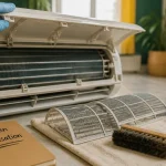 Climatiseur nettoyage : main gantée, filtre retiré, air plus sain