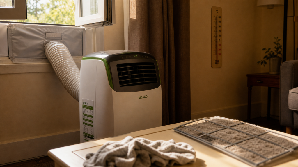 Comment fonctionne un climatiseur mobile : gaine scellée près d’une fenêtre