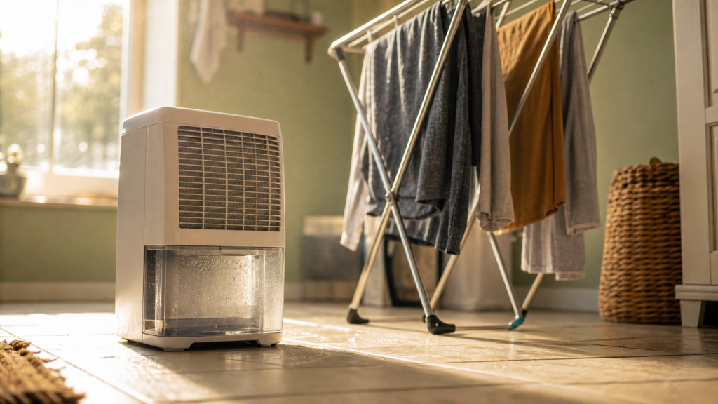 Comment fonctionne un déshumidificateur : déshumidificateur en buanderie et bac d’eau