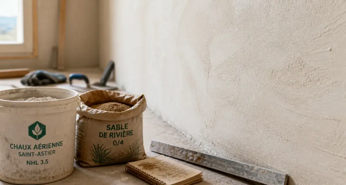 Enduit à la chaux aérienne sur mur intérieur frais