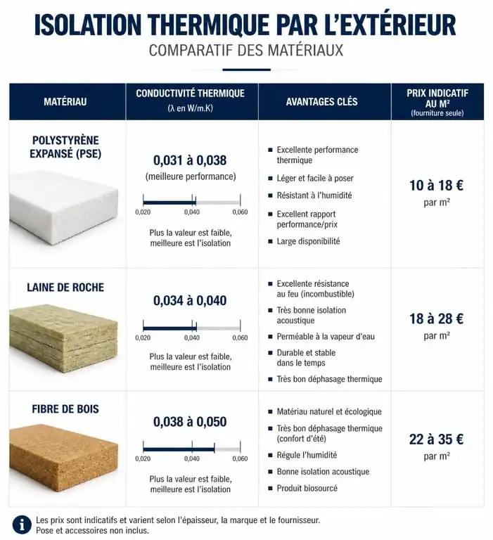 Comparatif des matériaux pour crépi isolant : PSE, Laine de roche et Fibre de bois