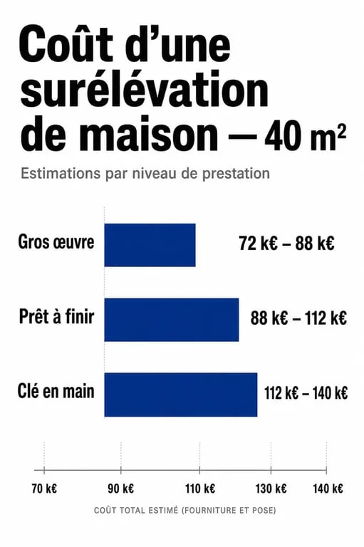 Infographie des prix pour une surélévation de maison de 40m2 selon le niveau de finition