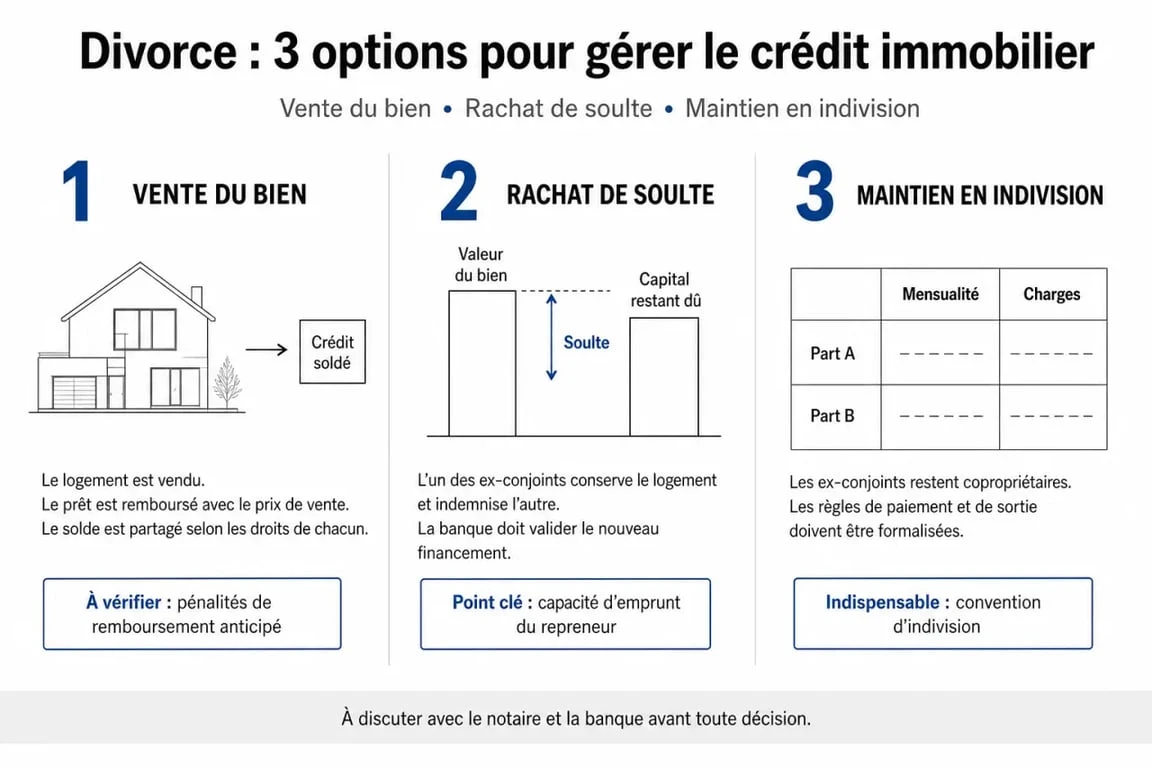 Infographie comparative des options pour un crédit immobilier en cours lors d'un divorce