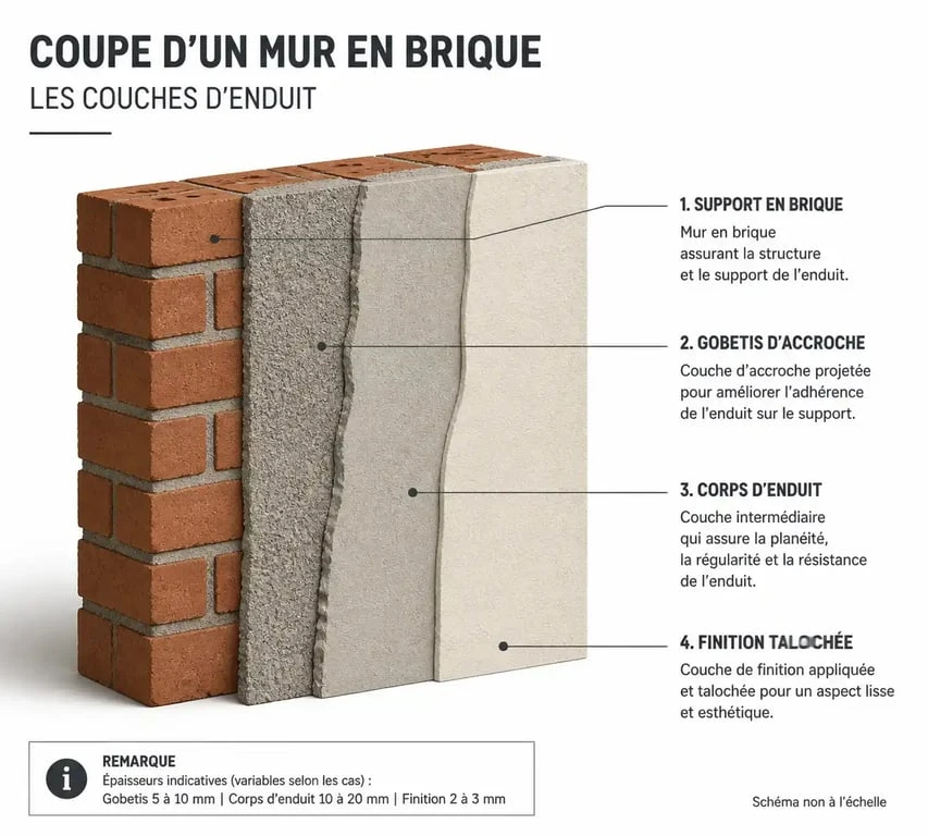 Schéma technique des couches d'enduit sur un mur en brique pour une rénovation durable