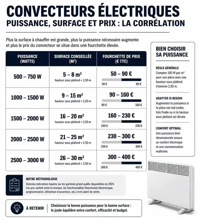 Infographie comparative prix et puissance des convecteurs électriques selon la surface de la pièce