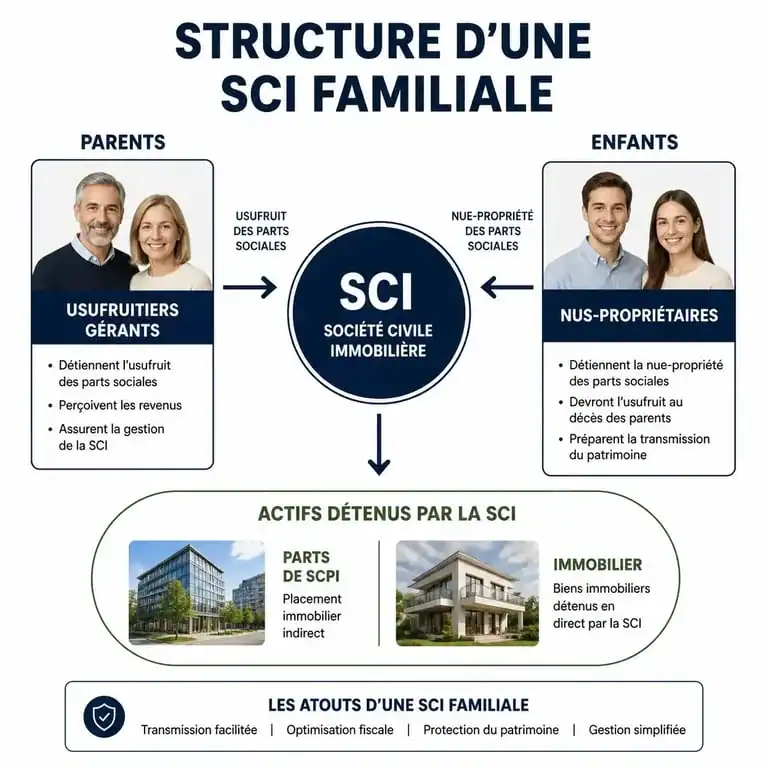 Schéma de fonctionnement d'une SCI familiale pour la transmission de patrimoine et l'investissement en SCPI