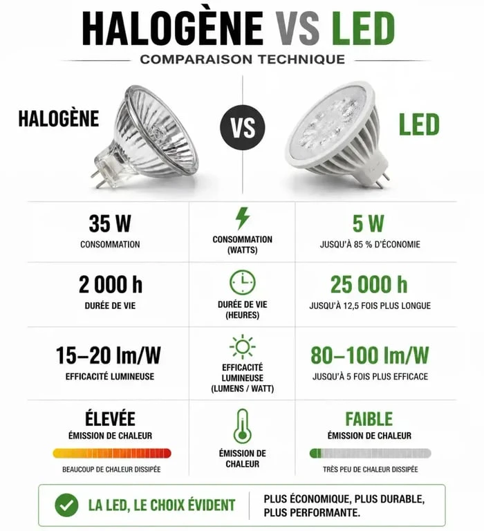 Comparatif technique ampoule halogène vs LED pour le remplacement