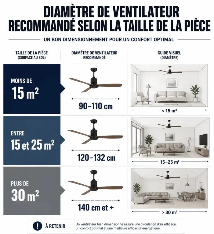 Infographie des tailles de ventilateur de plafond recommandées selon la surface de la pièce pour un ventilateur de plafond avis