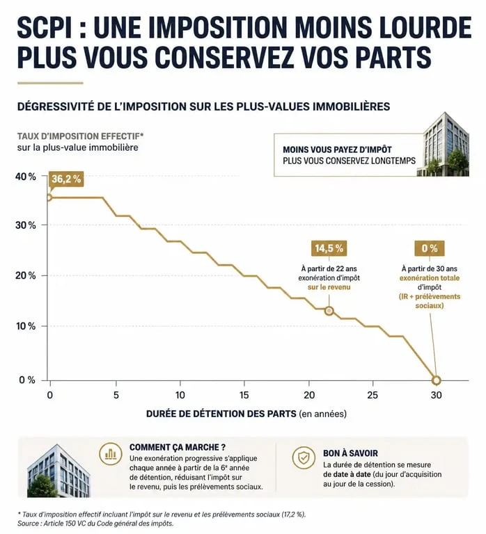 Tableau récapitulatif de l'imposition des plus-values SCPI selon la durée de détention pour l'optimisation fiscale