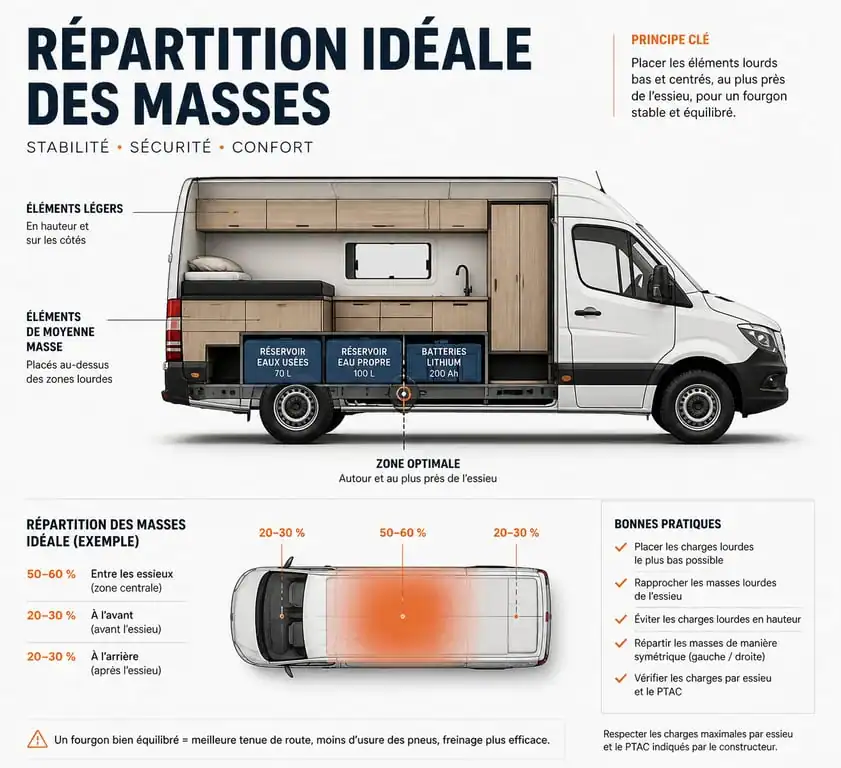 Schéma de répartition des masses pour le plan d'aménagement d'un fourgon aménagé