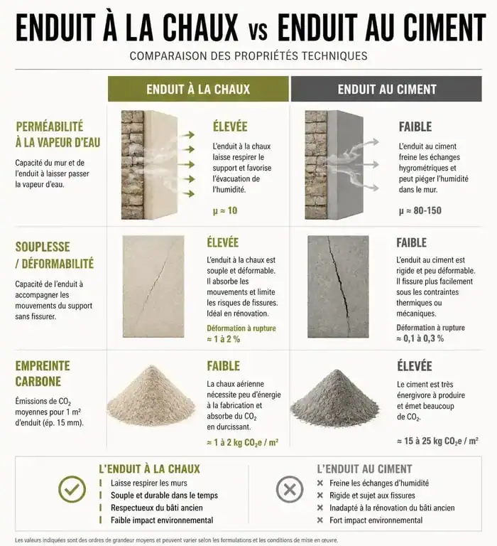 Comparatif technique entre enduit à la chaux et enduit au ciment pour vos travaux