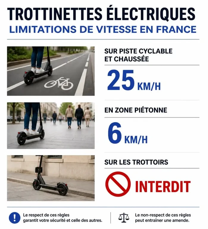 Infographie des limitations de vitesse max trottinette électrique en France