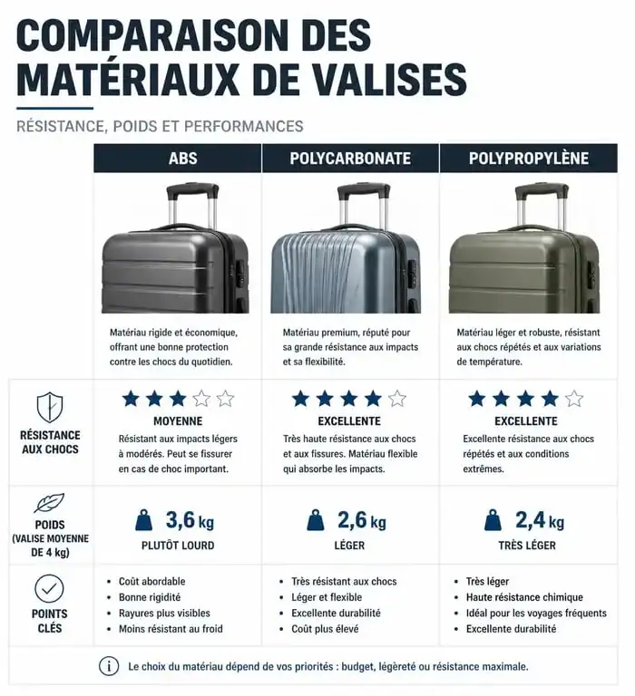Comparatif des matériaux de valise 65 cm : ABS, Polycarbonate et Polypropylène