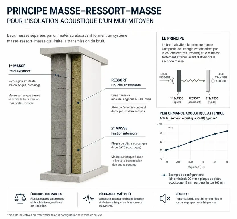 Schéma du principe masse-ressort-masse pour isoler phoniquement un mur mitoyen