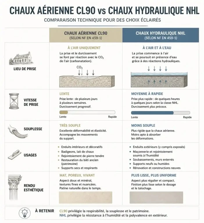 Comparatif technique entre chaux aérienne et chaux hydraulique pour enduit à la chaux