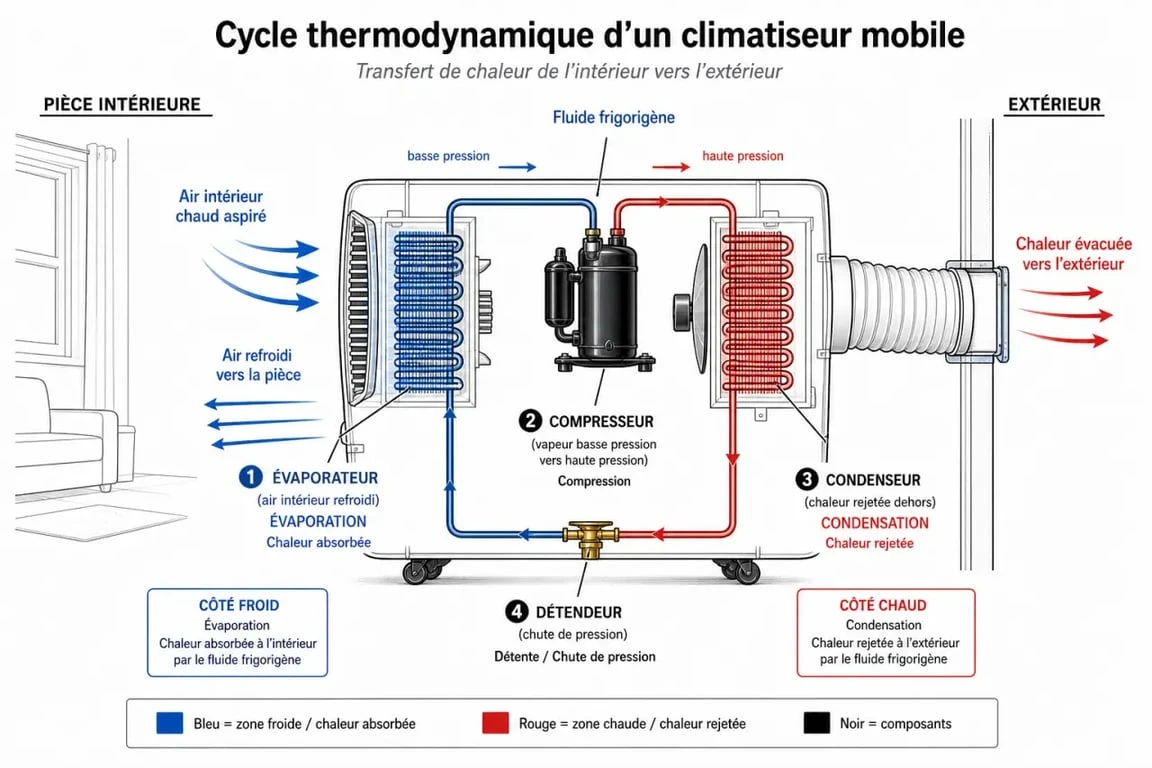 Schéma du fonctionnement d'un climatiseur mobile : cycle thermodynamique et transfert de chaleur