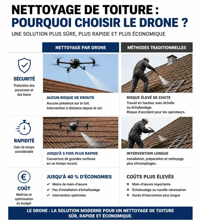 Infographie comparative : nettoyage de toiture par drone vs méthode traditionnelle