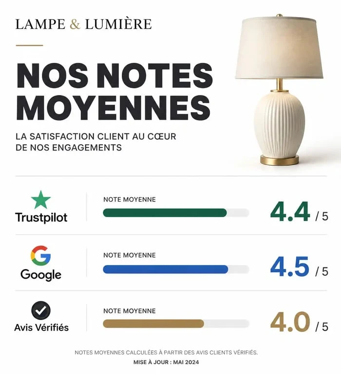 Infographie des avis clients Lampe et Lumière : notes Trustpilot, Vente-Unique et ebuyclub.
