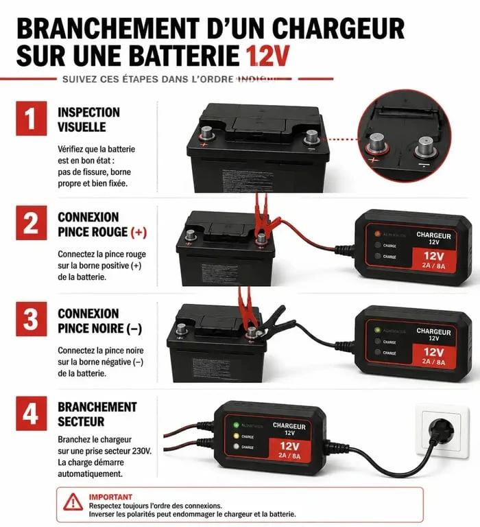 Schéma des étapes pour recharger une batterie 12V en toute sécurité
