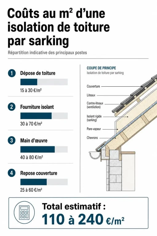 Répartition des coûts au m2 pour une isolation de toiture par sarking : prix moyen et postes de dépenses