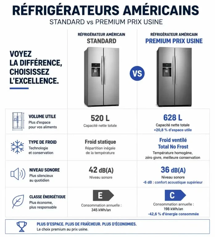 Comparatif des caractéristiques techniques entre un frigo américain standard et un modèle à prix usine pour un meilleur rapport qualité-prix.