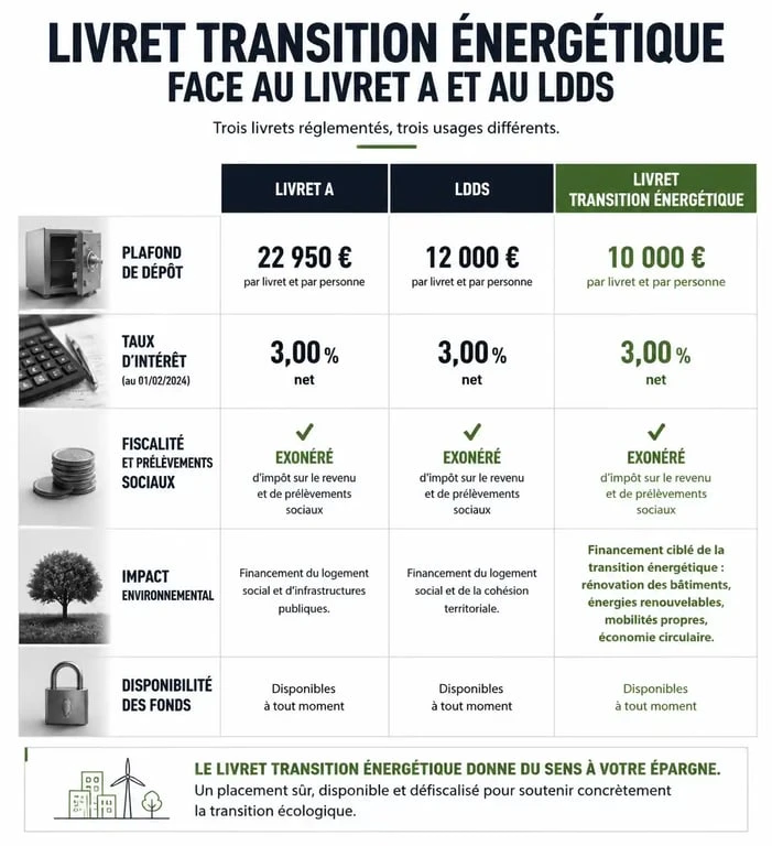 Tableau comparatif du livret transition énergétique, du Livret A et du LDDS pour comprendre les différences de plafond et de fiscalité.