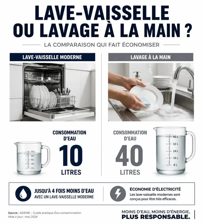 Comparaison de la consommation d'eau et d'électricité : lave-vaisselle vs lavage à la main pour optimiser sa consommation lave vaisselle
