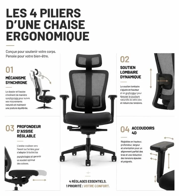 Infographie des 4 critères essentiels pour choisir la meilleure chaise ergonomique 2025