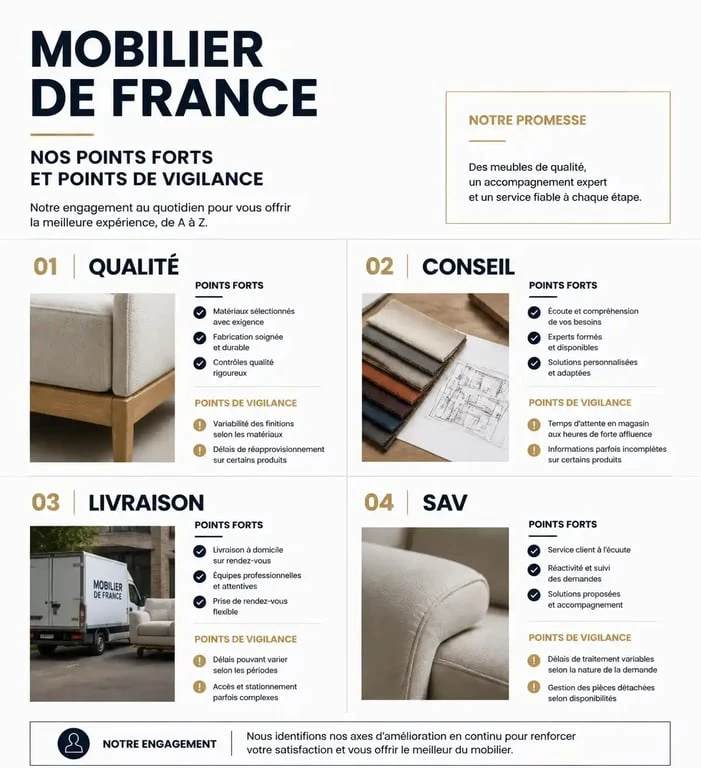Infographie récapitulative des avis sur Mobilier de France : qualité, service client et délais de livraison