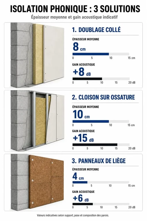 Infographie comparative des techniques pour isoler phoniquement une pièce : épaisseur et gain acoustique