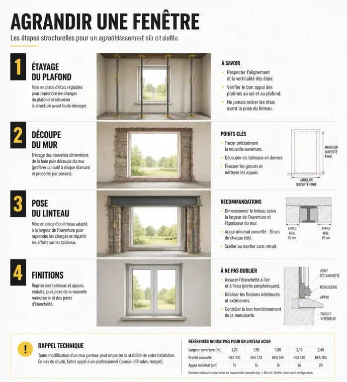 Schéma des étapes techniques pour agrandir une fenêtre dans un mur porteur