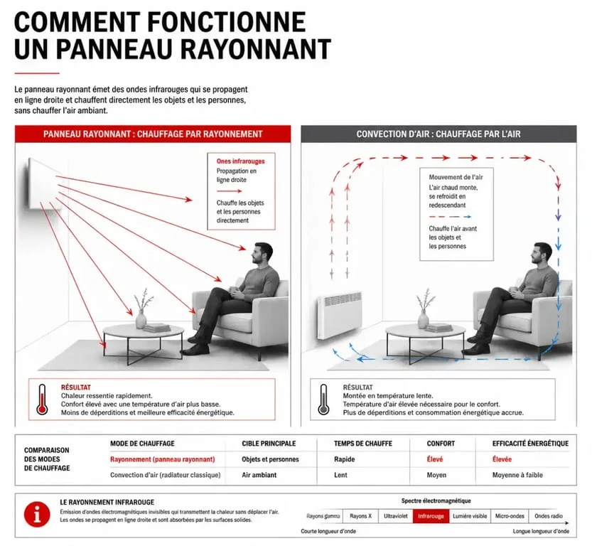 Schéma de fonctionnement d'un panneau rayonnant par rayonnement infrarouge