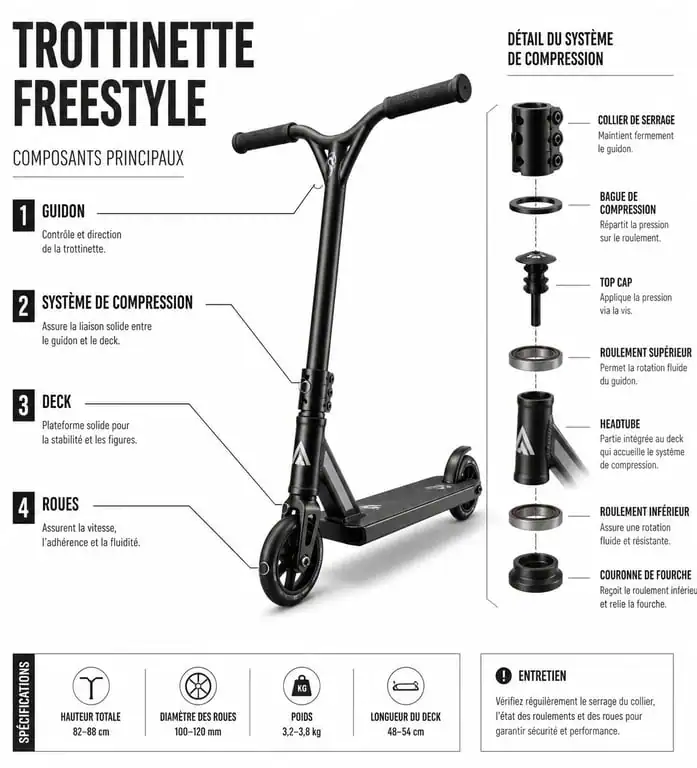 Schéma technique des composants d'une trottinette freestyle pour choisir sa marque