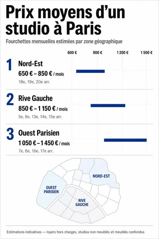 Infographie des prix moyens pour acheter un studio à Paris par quartier