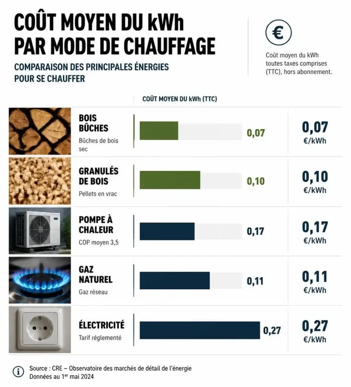 Comparatif du prix du kWh par mode de chauffage pour identifier le chauffage le moins cher